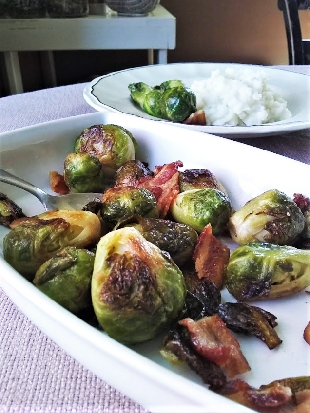 brussels sprouts with bacon in serving dish