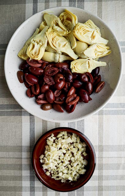 artichoke heats and olives cut up and minced garlic