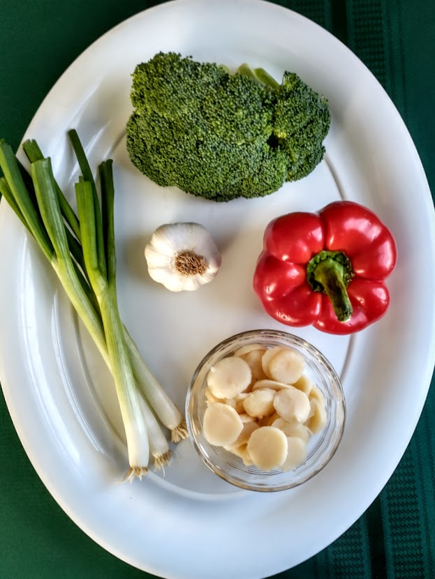 vegetables for beef an vegetable stir fry broccoli red pepper scallion garlic water chestnuts