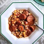 pasta fagioli or pasta fazool with pepperoni and kielbasa served in a bowl