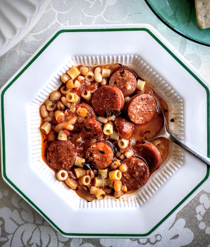 pasta fagioli or pasta fazool with pepperoni and kielbasa served in a bowl