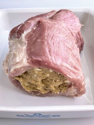 stuffed pork loin roast in baking dish