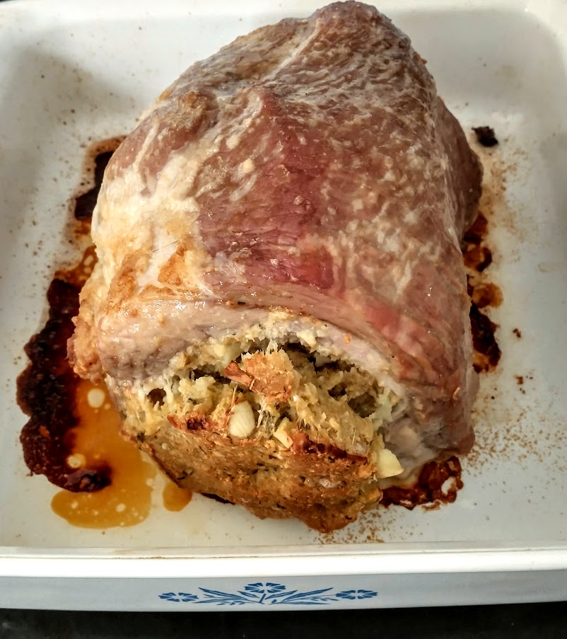 stuffed pork loin roast out of oven fully cooked