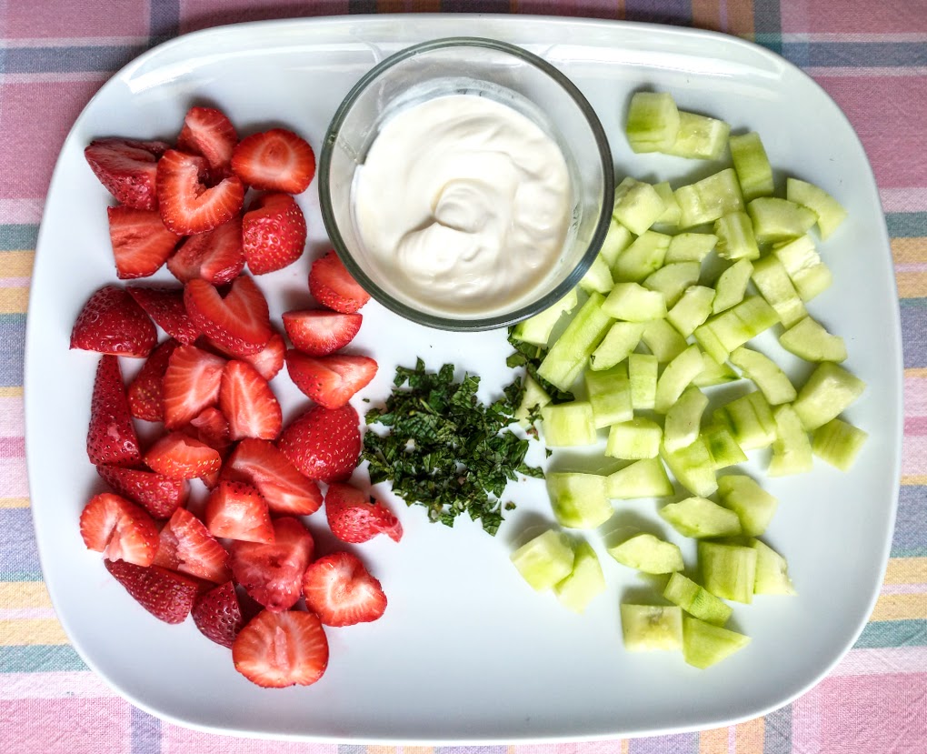 kids salad and dieters dessert ingredients chopped strawberries cucumber mint and sour cream honey topping