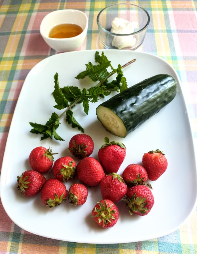 kids salad and dieters dessert ingredients cucumber strawberries mint honey and sour cream