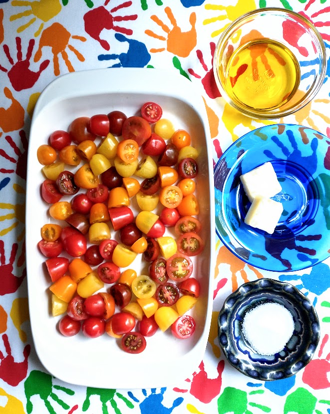 kids pasta meal ingredients multi colored grape tomatoes olive oil butter salt