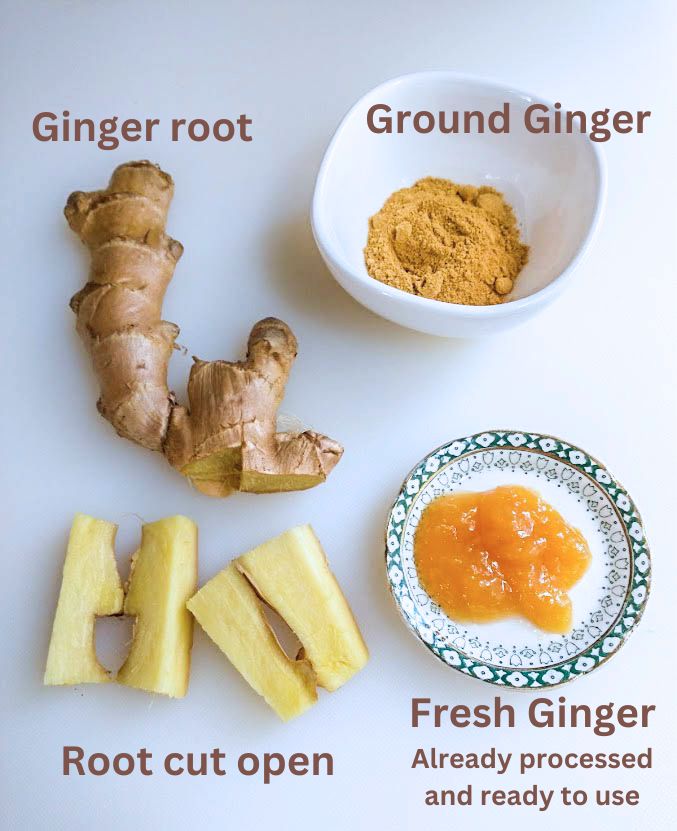 learn about using ginger fresh or ground picture shows ginger root ground ginger ginger root cut in half and jarred fresh ginger all ready processed