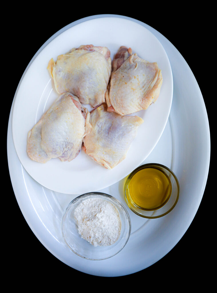 chicken thighs for chicken cacciatore flour for dredging and olive oil for cooking