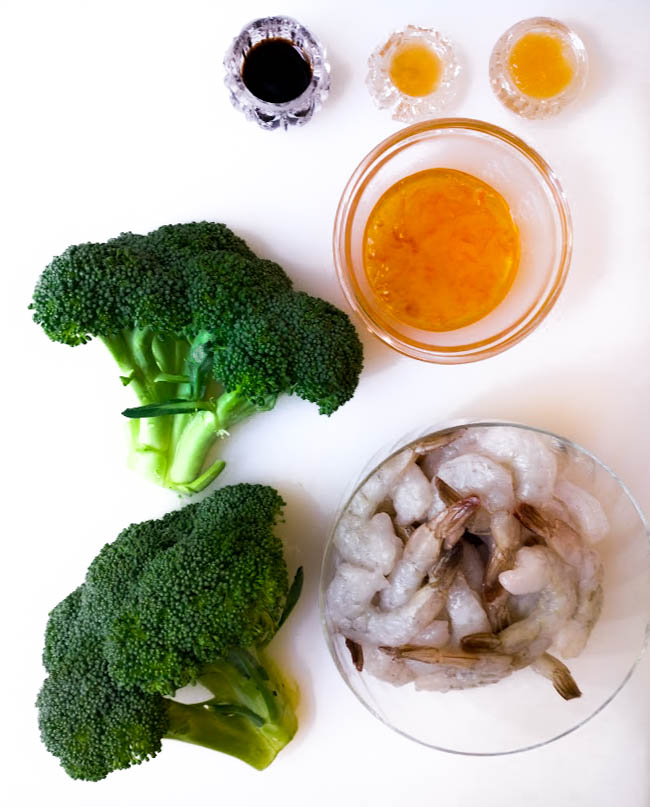 ingredients to make shrimp & broccoli with homemade asian orange sauce 