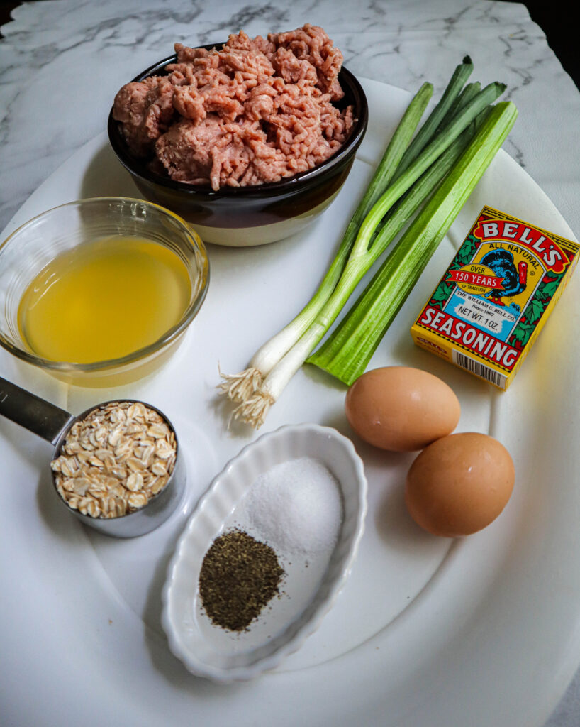 ingredients for ground turkey meatloaf ground turkey chicken broth oatmeal celery scallion bell seasoning salt pepper