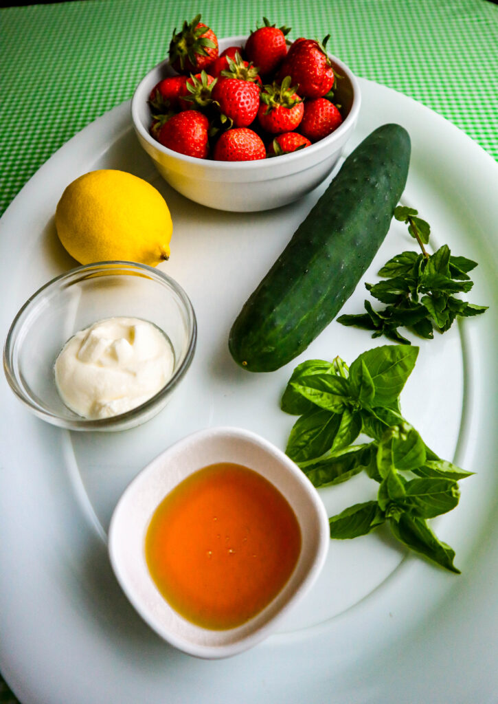 strawberry salad ingredients strawberries lemon cucumber honey yogurt basil mint 