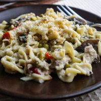 tuna noodle casserole spooned on to a single serving plate a view from the side