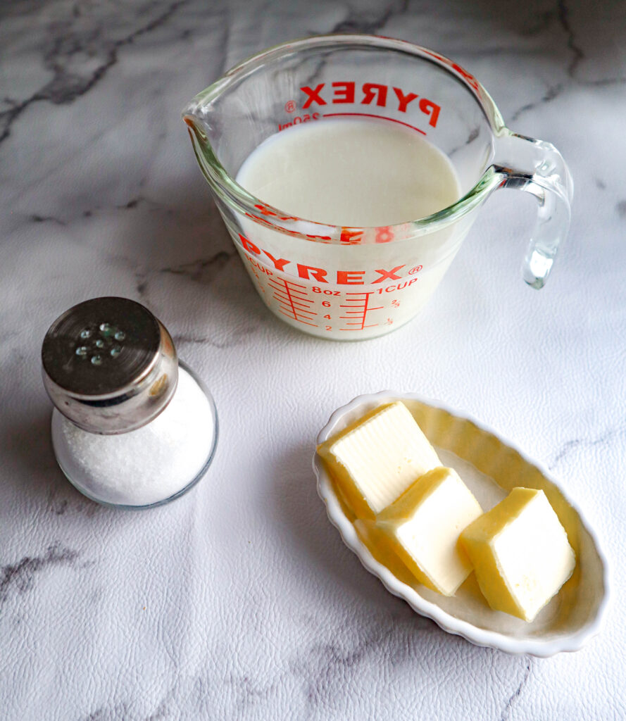 milk salt and butter ingredients for mashed potatoes