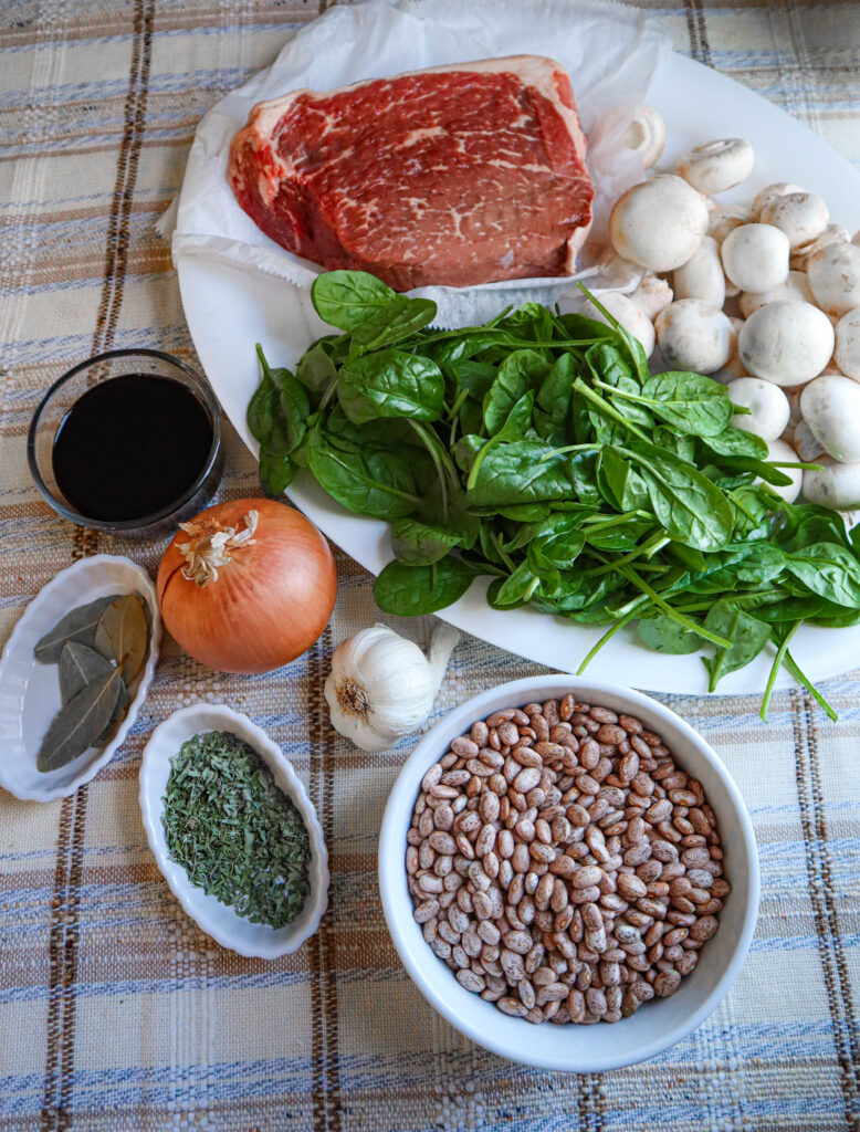 beef and beans stew ingredients beef mushrooms beans onion garlic herbs spinach and soy sauce