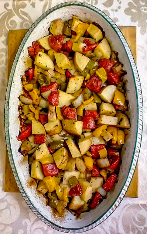 Italian roasted vegetables with balsamic dressing out of the oven