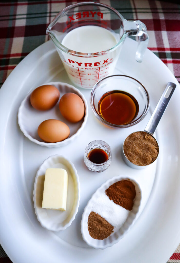 bread pudding ingredients of butter eggs vanilla maple syrup milk brown sugar salt and spices