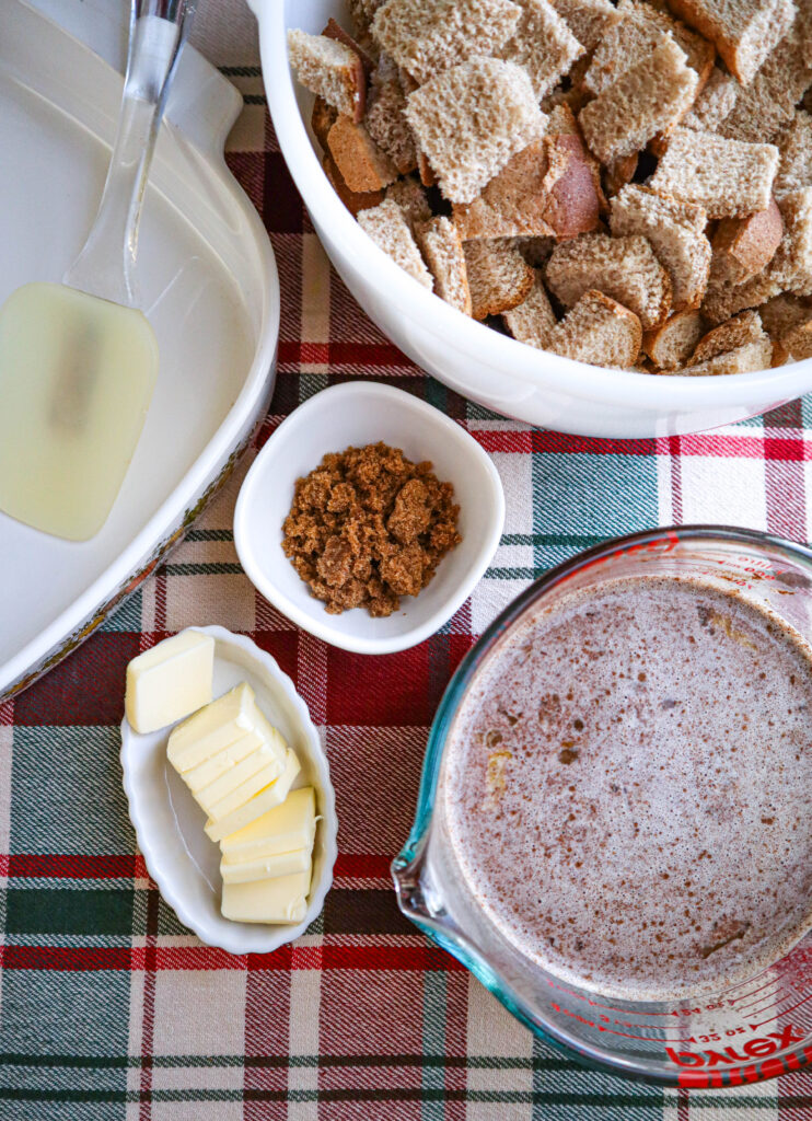 ingredients for bread pudding prepared and ready for the final step