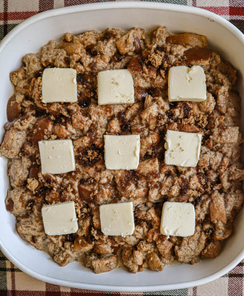 homemade bread pudding ready to go in the oven