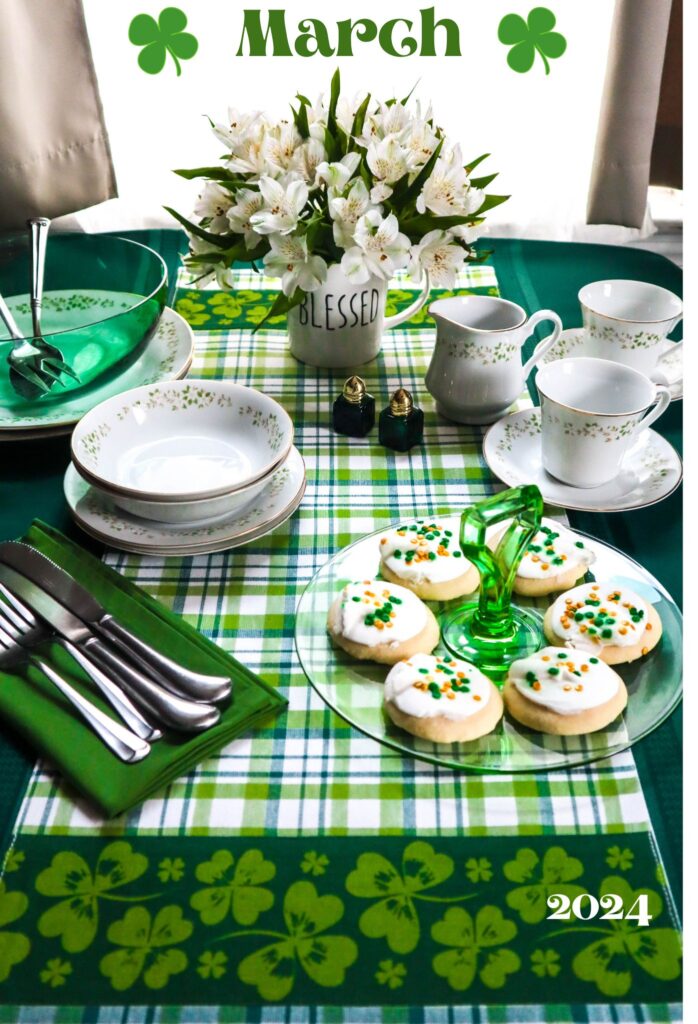 march dinner table in green and white lots of shamrocks