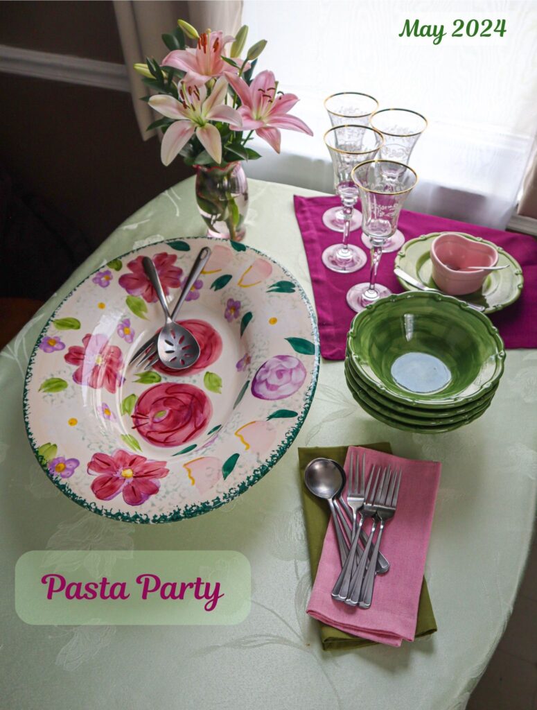 may dinner table in pinks and greens for a pasta party