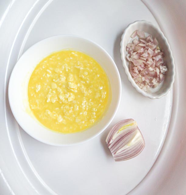 butter and olive oil mixed in a small bowl and minced shallot