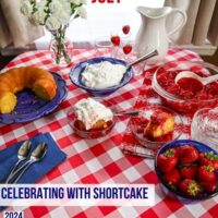 strawberry shortcake dinner table set up in red white and blue