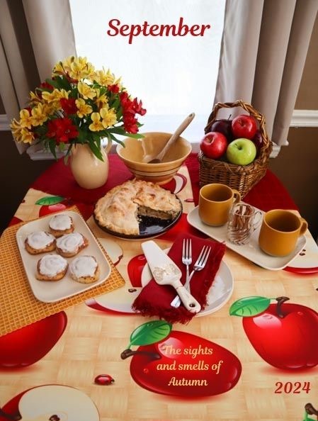 september dinner table setting with apples and cinnamon red and gold