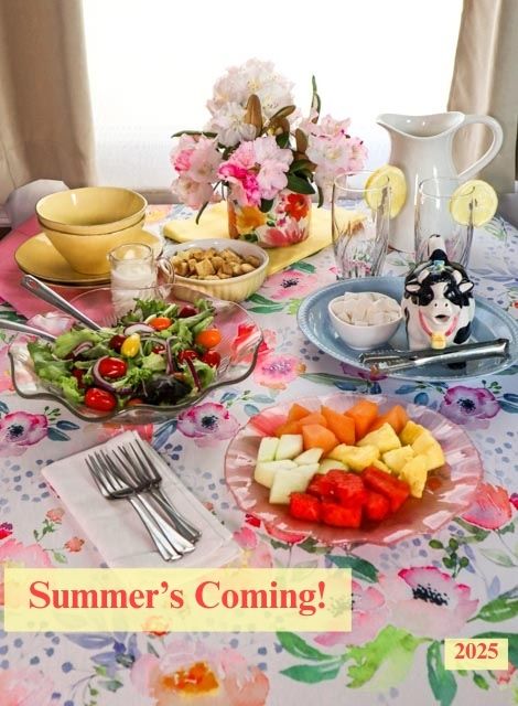 may summers coming table setting serving fruit and salad and iced tea