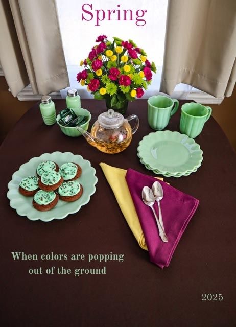 early spring table setting in spring green purple and yellow on a brown tablecloth